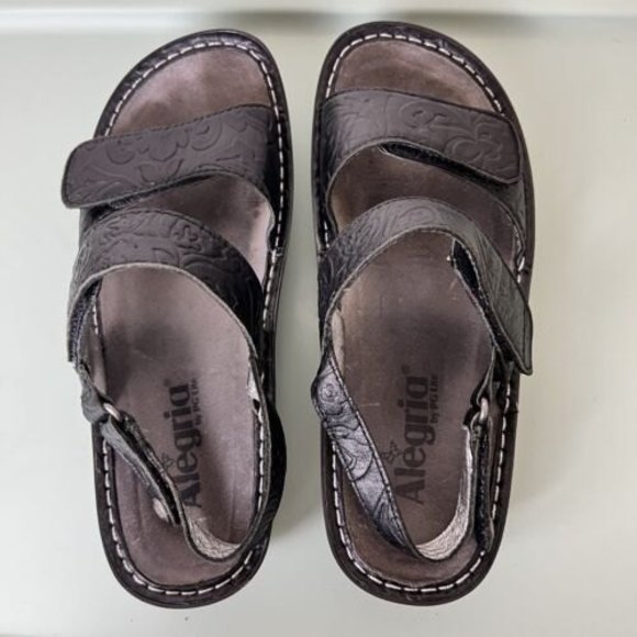 Alegria Verona Sandals Size 37 US 6.5 Black Silver Embossed Leather Sling-Back - Picture 6 of 13